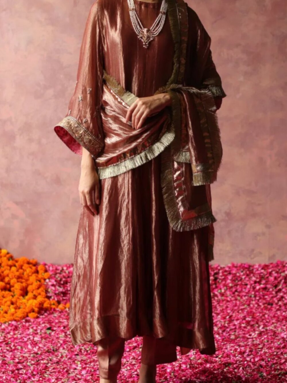 Begum Pret Rose Gold Zari Tissue Silk Kurta Set